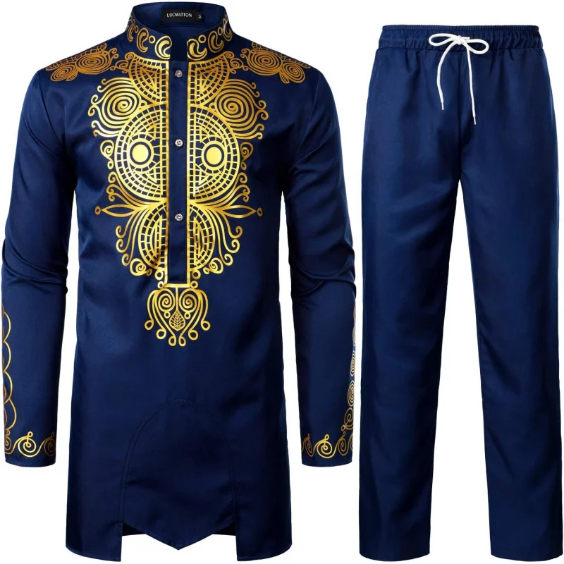 Men's African Attire 2 Piece Set Long Sleeve Gold Foil Printing Dashiki and Pants Outfit Traditional Suit
Men's African Attire 2 Piece Set Long Sleeve Gold Foil Printing Dashiki and Pants Outfit Traditional Suit