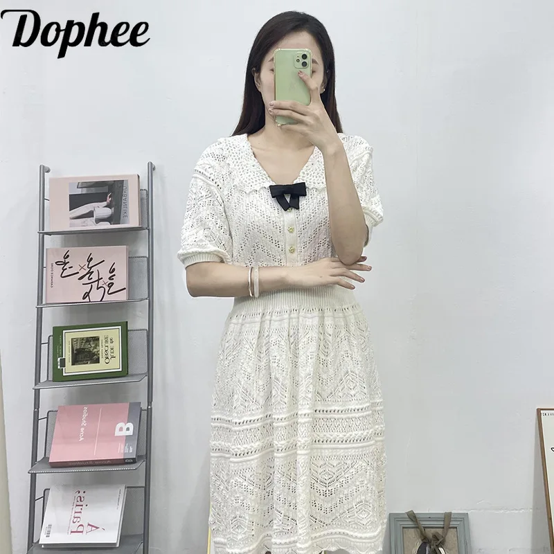 High Quality 2024 New Summer Women Puff Short Sleeve Knitted Dress Elegant Hollow Out Turn-down Collar Bohemian Princess Dress
High Quality 2024 New Summer Women Puff Short Sleeve Knitted Dress Elegant Hollow Out Turn-down Collar Bohemian Princess Dress