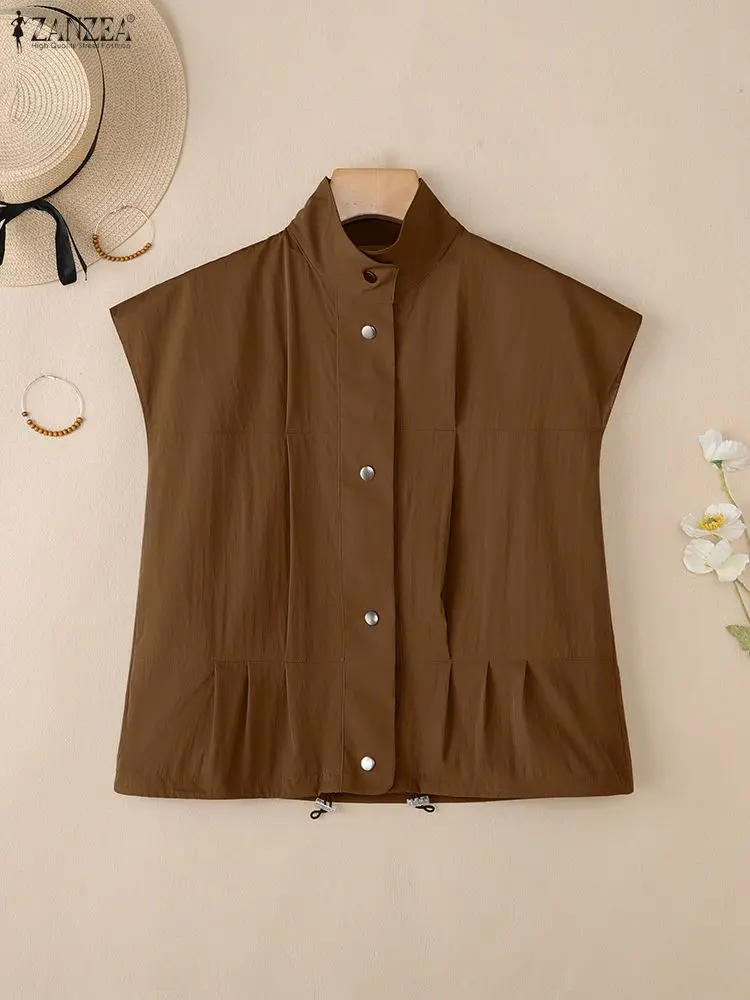 Women Trendy Pleated Vests Turn-Down Collar Cap Sleeve Button Up Drawstring Hem Solid Color Waistcoats ZANZEA Woman Waistcoats
Women Trendy Pleated Vests Turn-Down Collar Cap Sleeve Button Up Drawstring Hem Solid Color Waistcoats ZANZEA Woman Waistcoats