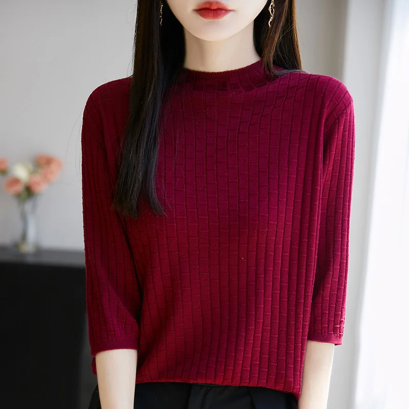 Laisel thin semi high neck new summer short sleeved base knitted shirt loose round neck bamboo knot T-shirt knitted top
Laisel thin semi high neck new summer short sleeved base knitted shirt loose round neck bamboo knot T-shirt knitted top