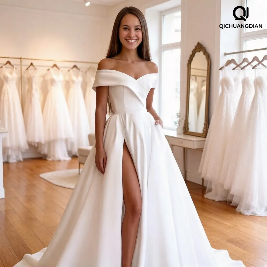 Customized Simple A-Line Off Shoulder Satin Wedding Dresses Lace Up Sleeveless V-Neck High Split Satin Wedding Party Bridal Gown
Customized Simple A-Line Off Shoulder Satin Wedding Dresses Lace Up Sleeveless V-Neck High Split Satin Wedding Party Bridal Gown