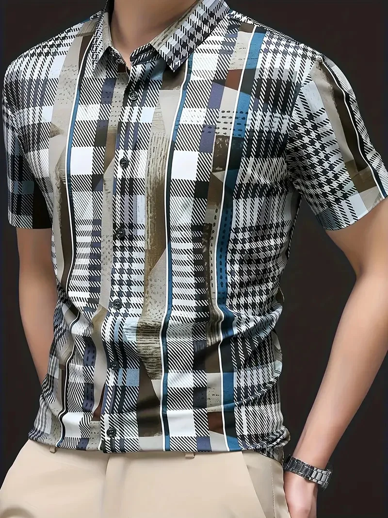 Гавайская мужская рубашка с коротким рукавом, повседневная откидная рубашка с коротким рукавом, классическая уличная модная рубашка с сетчатым принтом, топ 
Гавайская мужская рубашка с коротким рукавом, повседневная откидная рубашка с коротким рукавом, классическая уличная модная рубашка с сетчатым принтом, топ