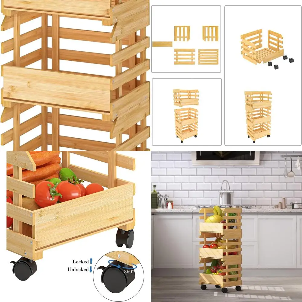 3-Tier Bamboo Fruit and Vegetable Storage Basket with Wheels for Kitchen Floor, Self-assembly Required
3-Tier Bamboo Fruit and Vegetable Storage Basket with Wheels for Kitchen Floor, Self-assembly Required