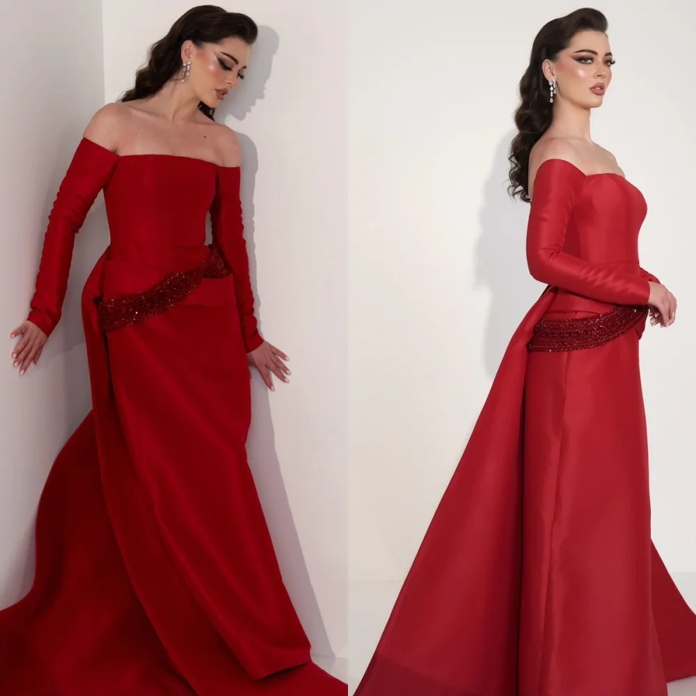 Customized Luxury Burgundy Off the Shoulder Long Sleeves Evening Dress Soft Jersey Prom Dresses Delicate Crystal Party Gowns
Customized Luxury Burgundy Off the Shoulder Long Sleeves Evening Dress Soft Jersey Prom Dresses Delicate Crystal Party Gowns
