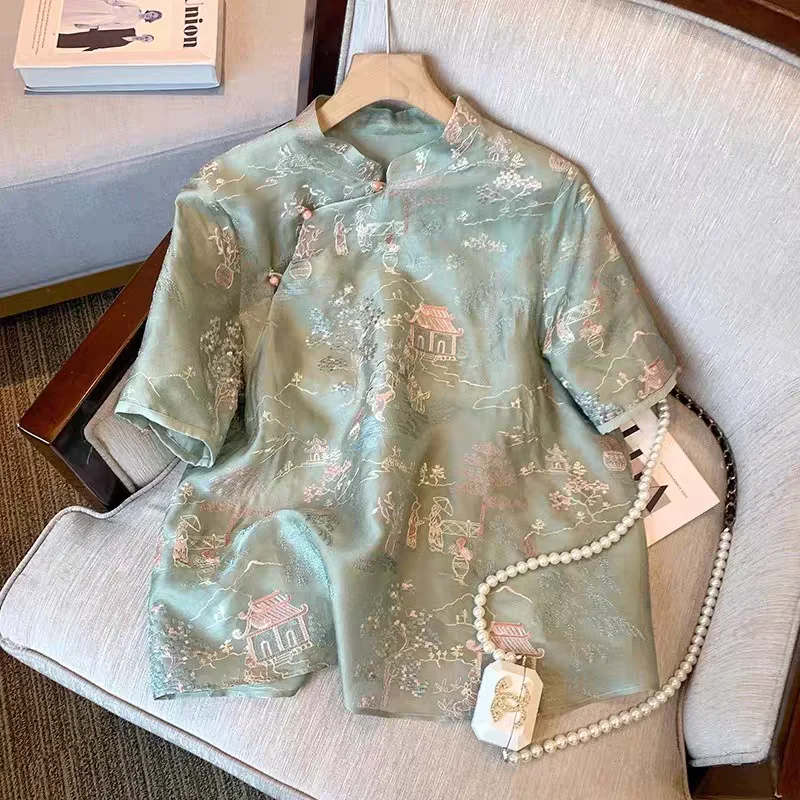 Chinese Style Women's Clothing Blouses Printed Vintage Shirts Fashion Loose Summer Clothing Short Sleeved Satin Women Tops
Chinese Style Women's Clothing Blouses Printed Vintage Shirts Fashion Loose Summer Clothing Short Sleeved Satin Women Tops