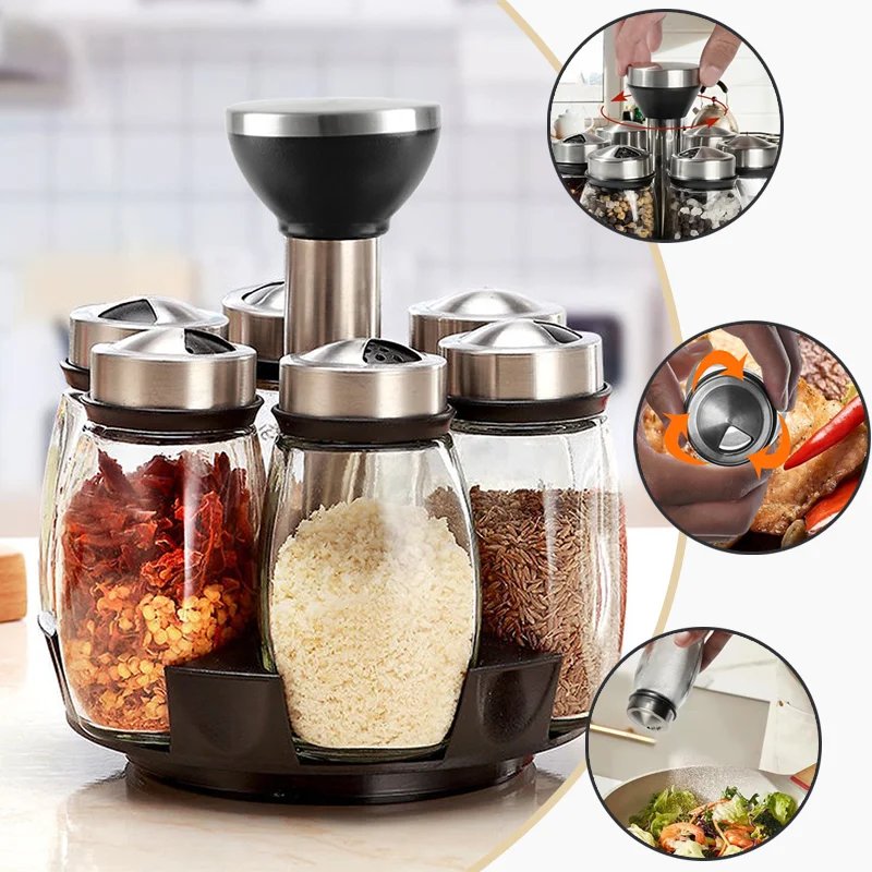 Food-grade Glass Seasoning Bottles with Stainless Steel Rotating Rack Spice Jar Set Dust-proof Moisture-proof Kitchen Organizer
Food-grade Glass Seasoning Bottles with Stainless Steel Rotating Rack Spice Jar Set Dust-proof Moisture-proof Kitchen Organizer