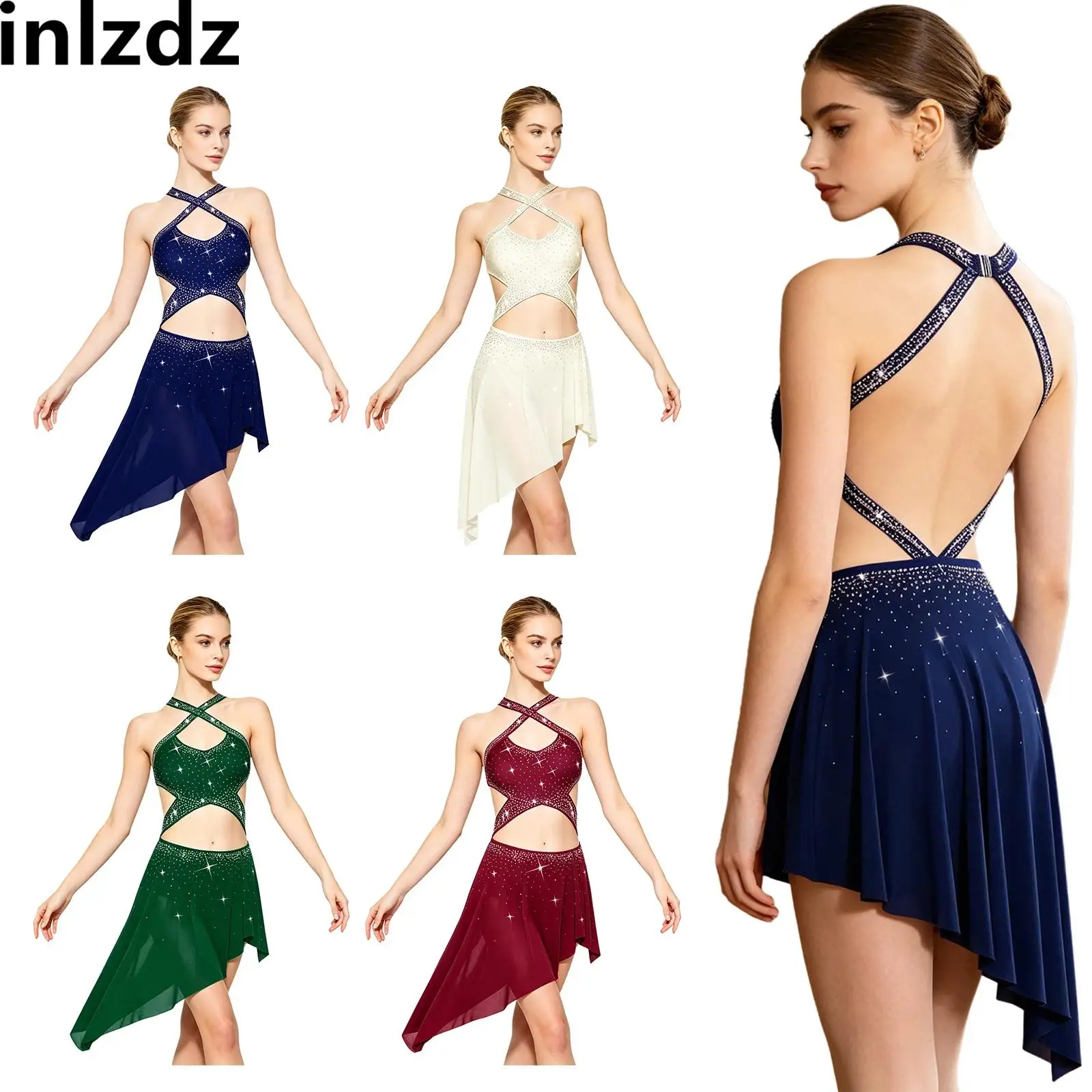 Women Lyrical Dance Dress Crossing Straps Sleeveless Backless Rhinestones Irregular Mesh Hem Built-in Briefs Bodysuit Dress
Women Lyrical Dance Dress Crossing Straps Sleeveless Backless Rhinestones Irregular Mesh Hem Built-in Briefs Bodysuit Dress