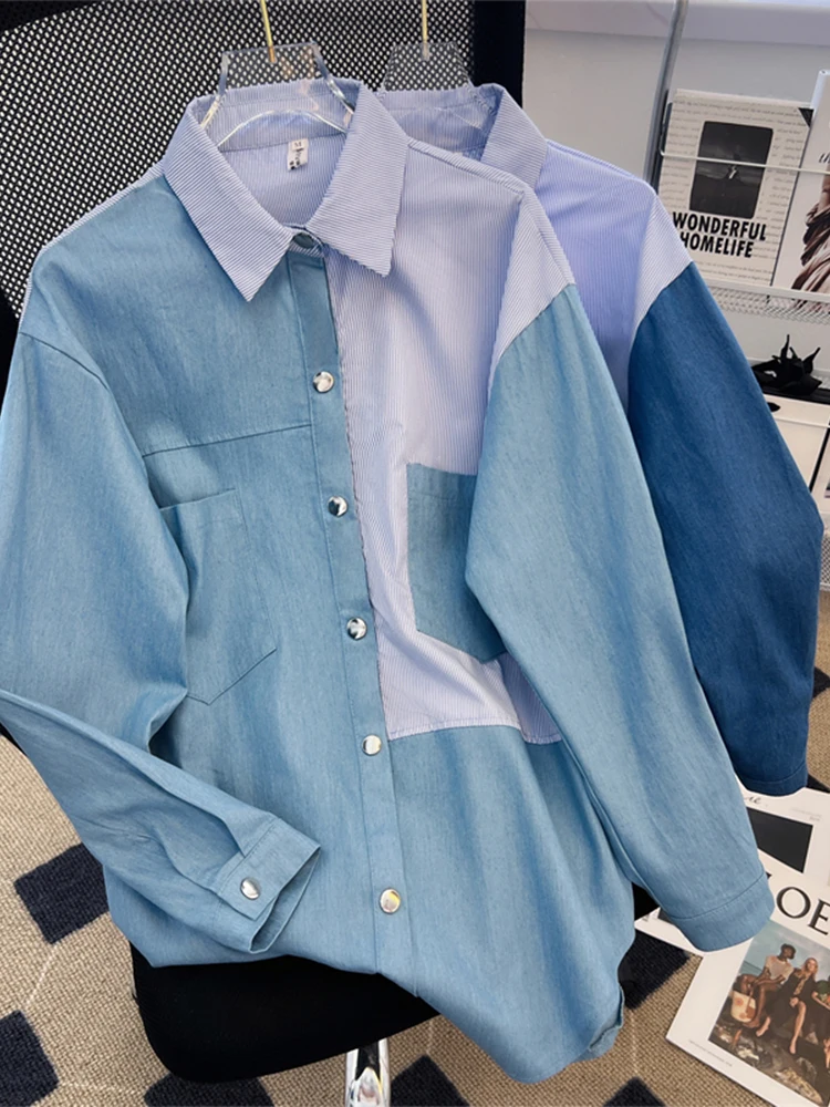Women's Light Blue Patchwork Shirts and Blouses Y2k Aesthetic Vintage Korean 2000s Long Sleeve Polo-Neck Shirt Cutecore Clothes
Women's Light Blue Patchwork Shirts and Blouses Y2k Aesthetic Vintage Korean 2000s Long Sleeve Polo-Neck Shirt Cutecore Clothes