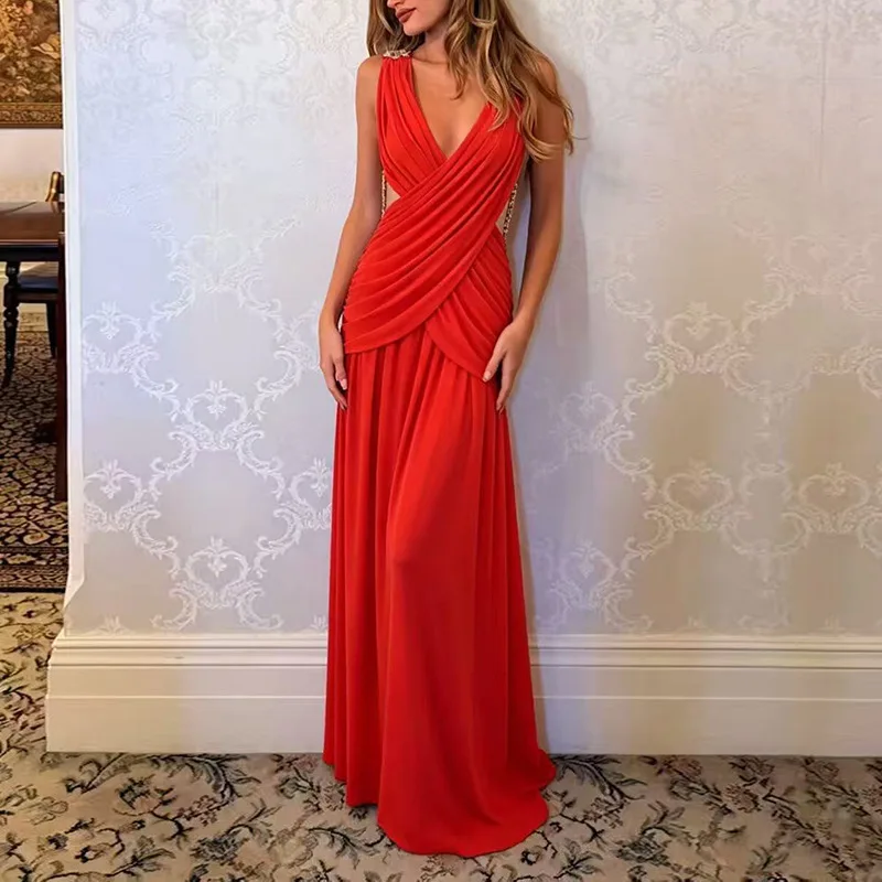 High Quality Crossed Wrinkle Long Dresses Spring Women Sleeveless Deep V-neck Dress High Waist Waist Baring Floor Length Dress
High Quality Crossed Wrinkle Long Dresses Spring Women Sleeveless Deep V-neck Dress High Waist Waist Baring Floor Length Dress