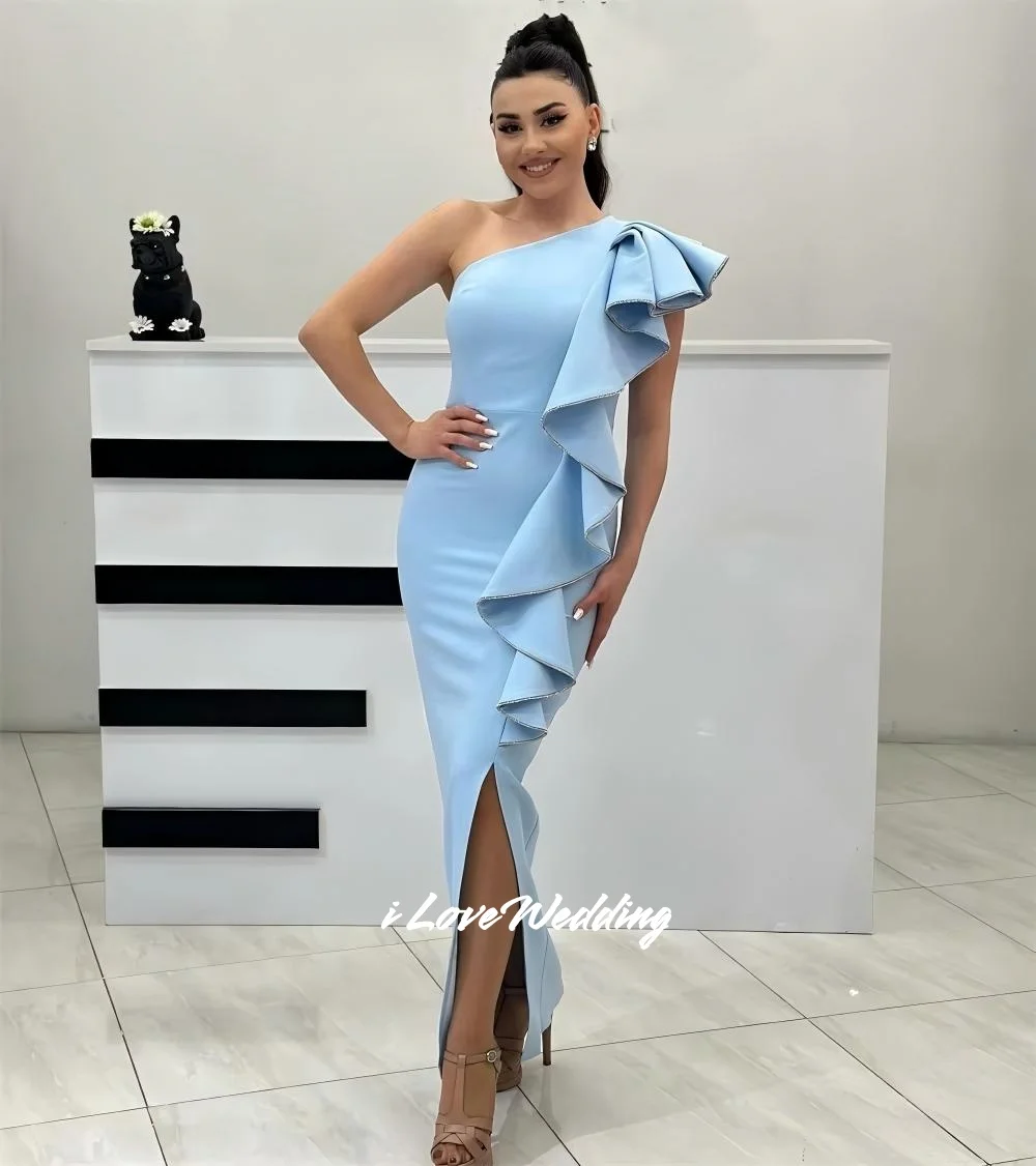 Blue One Shoulder Evening Dress Sleeveless Ruffles Beaded Mermaid Side Split Ankle-Length Wedding Party Dress Pleated Customized
Blue One Shoulder Evening Dress Sleeveless Ruffles Beaded Mermaid Side Split Ankle-Length Wedding Party Dress Pleated Customized