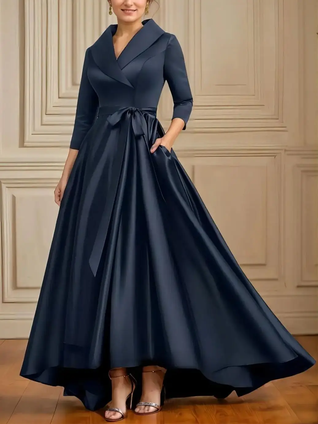 Fashions Elegant A-line Wedding Guest Dress Satin V-Neck 3/4 Sleeve Asymmetrical Bow Pleated Evening Dress 2025 Free Customized 
Fashions Elegant A-line Wedding Guest Dress Satin V-Neck 3/4 Sleeve Asymmetrical Bow Pleated Evening Dress 2025 Free Customized