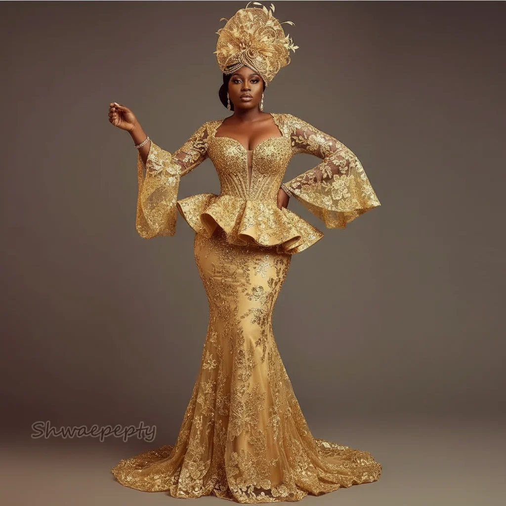 Elegant Gold Lace Mermaid Evening Dresses Flare Sleeves Long Formal Occasion Gowns Aso Ebi African Women Prom Dress Customized
Elegant Gold Lace Mermaid Evening Dresses Flare Sleeves Long Formal Occasion Gowns Aso Ebi African Women Prom Dress Customized