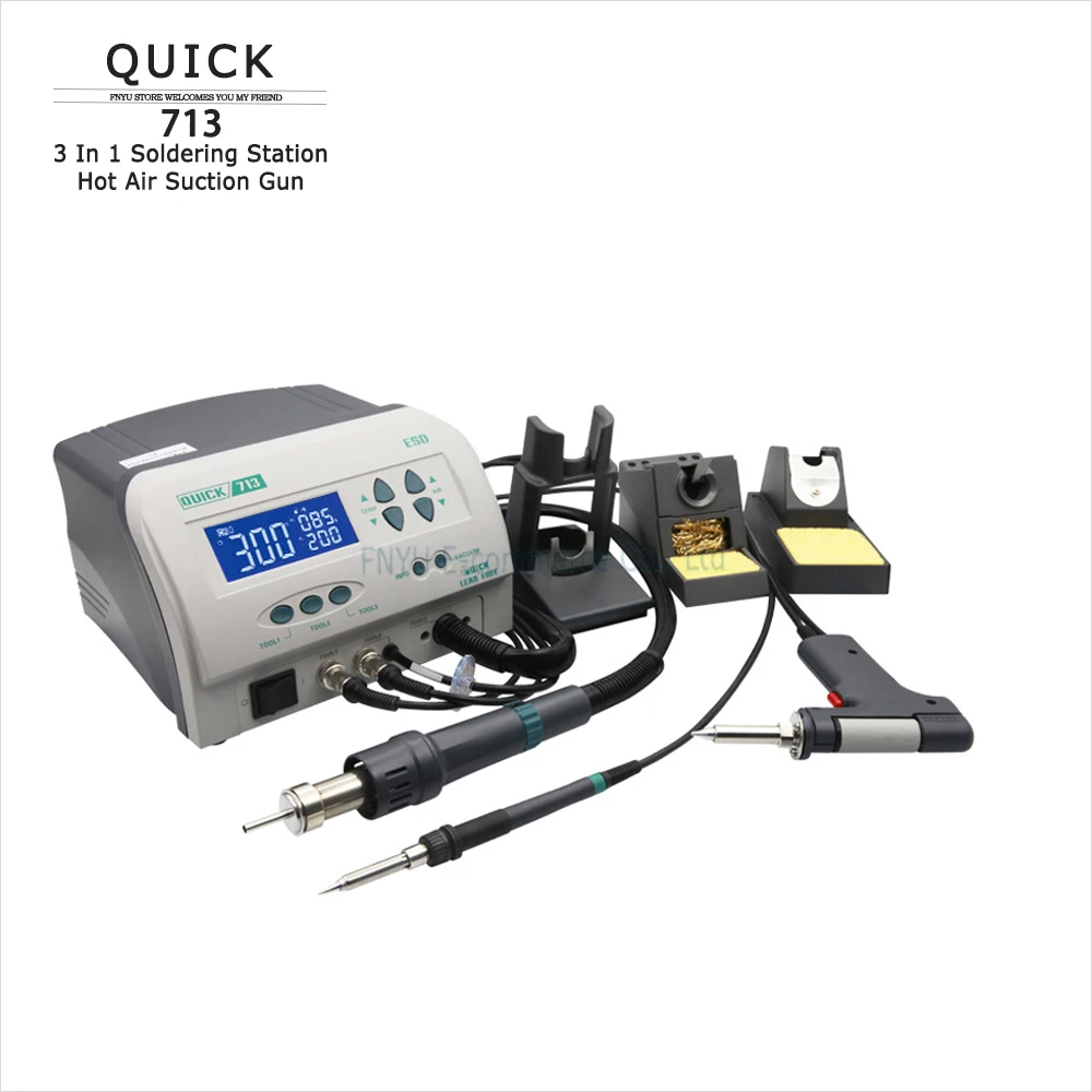 ESD Rework System QUICK 713 High Frequency Heating Electric Soldering Iron Hot Air Tin Suction Gun 3in1 Repair Soldering Station
ESD Rework System QUICK 713 High Frequency Heating Electric Soldering Iron Hot Air Tin Suction Gun 3in1 Repair Soldering Station