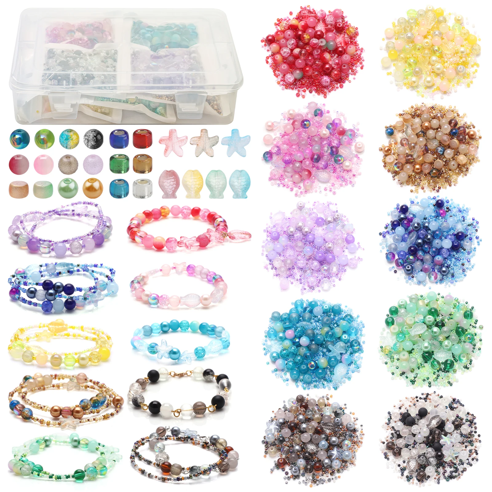 Glass Beads for Bracelet Making Kit 10 Colors Beads Bulk 8mm Round Crystal Beads with Seed Beads, Fish Beads, and Starfish Beads 
Glass Beads for Bracelet Making Kit 10 Colors Beads Bulk 8mm Round Crystal Beads with Seed Beads, Fish Beads, and Starfish Beads