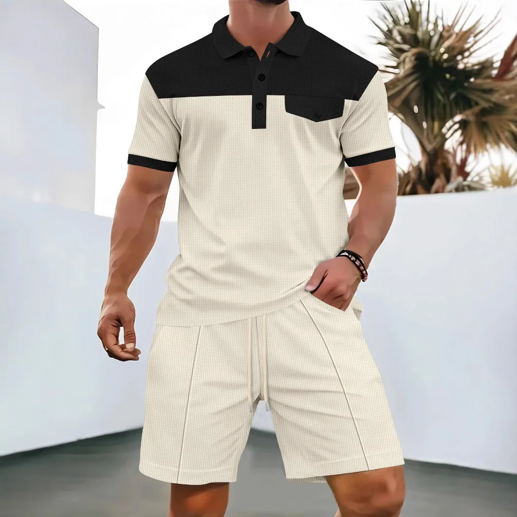 Men's waffle-knit polo shirt and shorts set. Two-piece casual short-sleeved polo shirt with drawstring shorts. Summer streetwear
Men's waffle-knit polo shirt and shorts set. Two-piece casual short-sleeved polo shirt with drawstring shorts. Summer streetwear