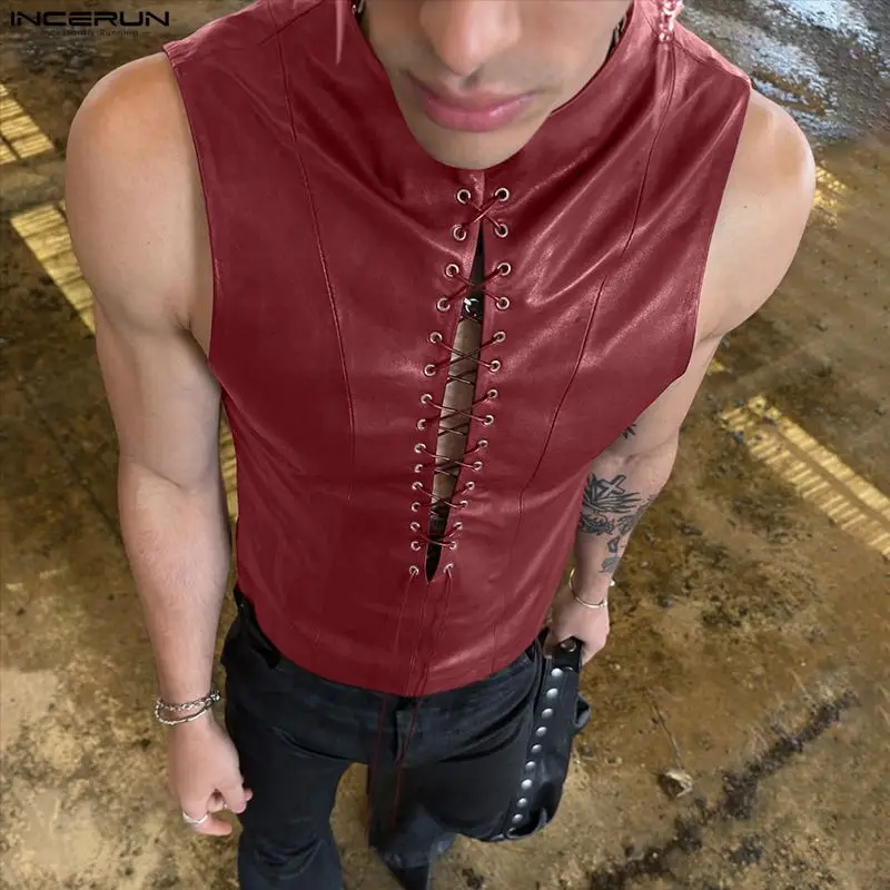 INCERUN Men's Tank Tops PU Leather Stand Collar Sleeveless Tops For Man Vests Lace Up Hollow Out Streetwear Stylish Men Clothes
INCERUN Men's Tank Tops PU Leather Stand Collar Sleeveless Tops For Man Vests Lace Up Hollow Out Streetwear Stylish Men Clothes