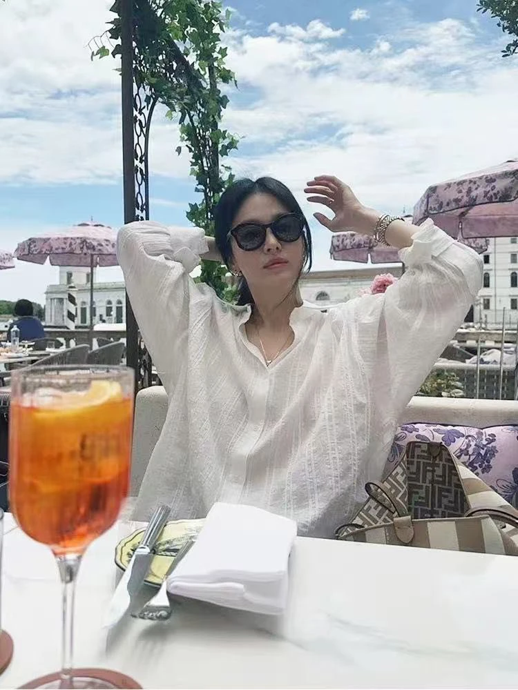Loose Thin Long Sve Women's irt Sung Hui Jiao Spring Summer New Sle Sun Protection Vertical Stripes White Cotton Linen
Loose Thin Long Sve Women's irt Sung Hui Jiao Spring Summer New Sle Sun Protection Vertical Stripes White Cotton Linen