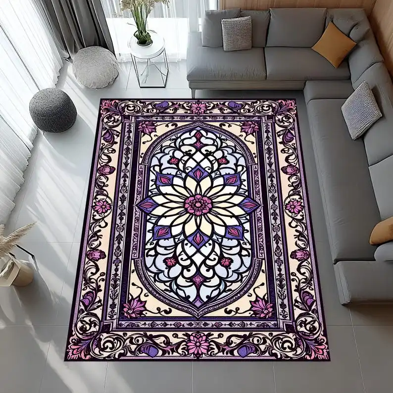 Stained Glass Style Rug with Purple and Pink Floral Motif for Vintage Style Romantic Living Room or Artistic Bedroom Decor
Stained Glass Style Rug with Purple and Pink Floral Motif for Vintage Style Romantic Living Room or Artistic Bedroom Decor