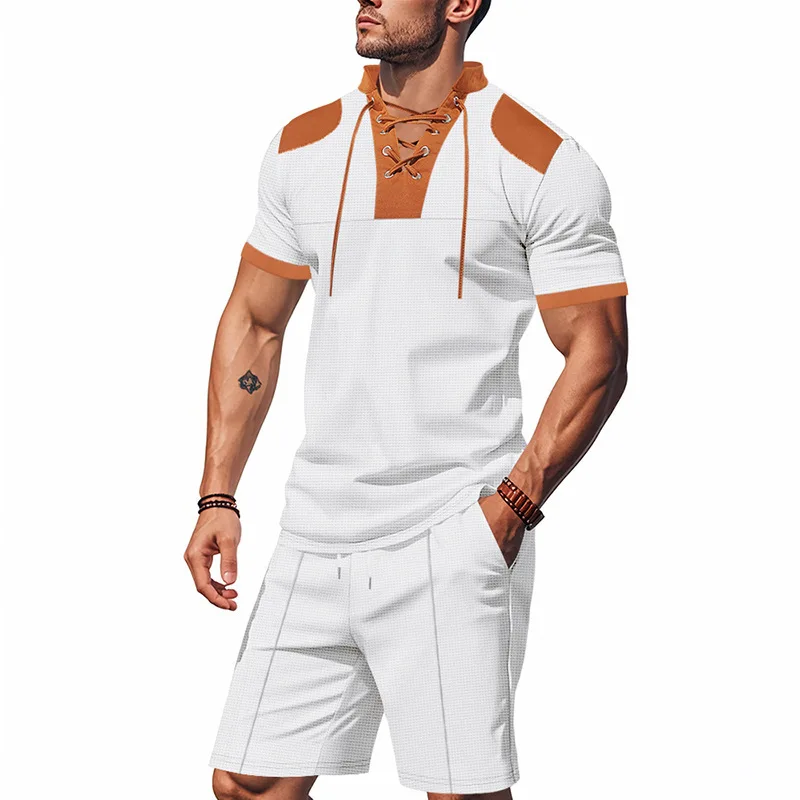 American Western Cowboy Waffle Knit Two Piece Set Men Lace Up Henley T Shirt Drawstring Shorts Summer Casual Outfit
American Western Cowboy Waffle Knit Two Piece Set Men Lace Up Henley T Shirt Drawstring Shorts Summer Casual Outfit