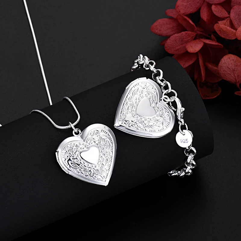 Korean fashion 925 Sterling Silver beautiful Heart Photo frame Necklaces Bracelets Jewelry Sets For Women party Wedding Gifts
Korean fashion 925 Sterling Silver beautiful Heart Photo frame Necklaces Bracelets Jewelry Sets For Women party Wedding Gifts