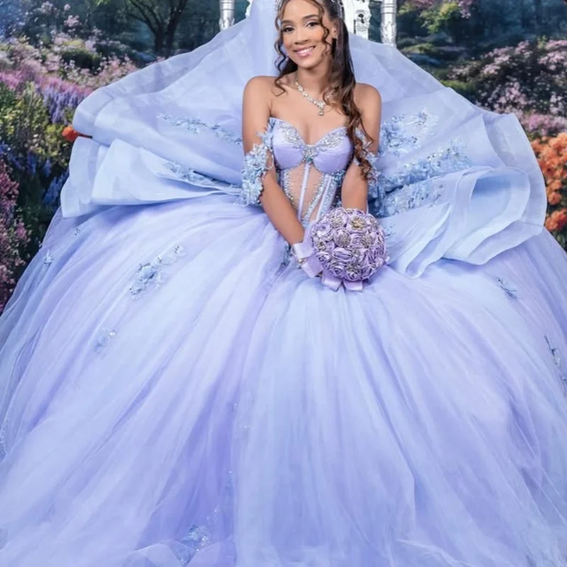 Lavender Quinceanera Dress Crystal Glitter Decal Lace layering Bow 3D Flower Long tail Vestidos De 15 Quinceanera Customize
Lavender Quinceanera Dress Crystal Glitter Decal Lace layering Bow 3D Flower Long tail Vestidos De 15 Quinceanera Customize