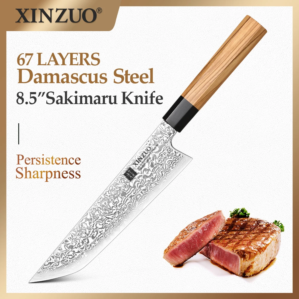 Новый высококачественный кухонный нож XINZUO 8,5 дюйма, нож Sakimaru, ручка с нежной текстурой, дамасская сталь, изысканная подарочная упаковка
Новый высококачественный кухонный нож XINZUO 8,5 дюйма, нож Sakimaru, ручка с нежной текстурой, дамасская сталь, изысканная подарочная упаковка