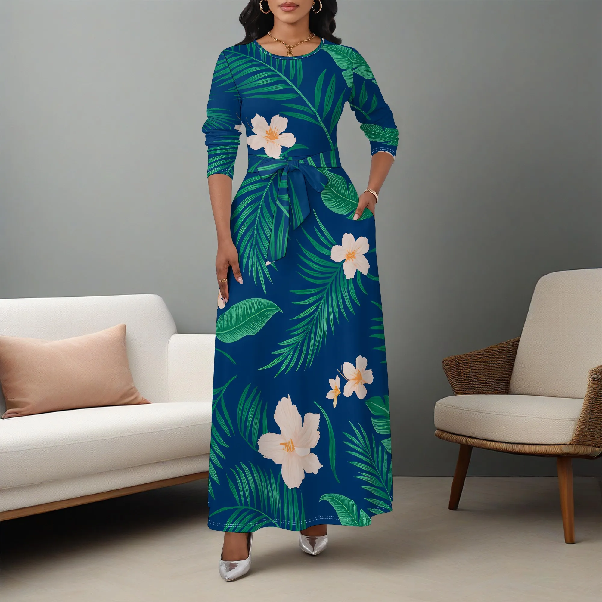 Ladies' long-sleeved casual loose long dress with pockets 
Ladies' long-sleeved casual loose long dress with pockets