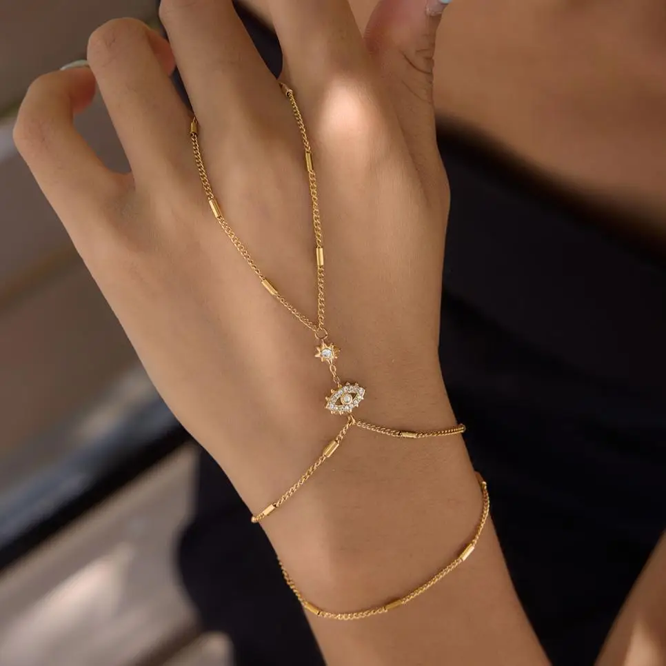 18K Gold PVD Plated Eye Star Zircon Finger Bracelet for Women Fashion Stainless Steel Waterproof Charms Jewelry Gift
18K Gold PVD Plated Eye Star Zircon Finger Bracelet for Women Fashion Stainless Steel Waterproof Charms Jewelry Gift