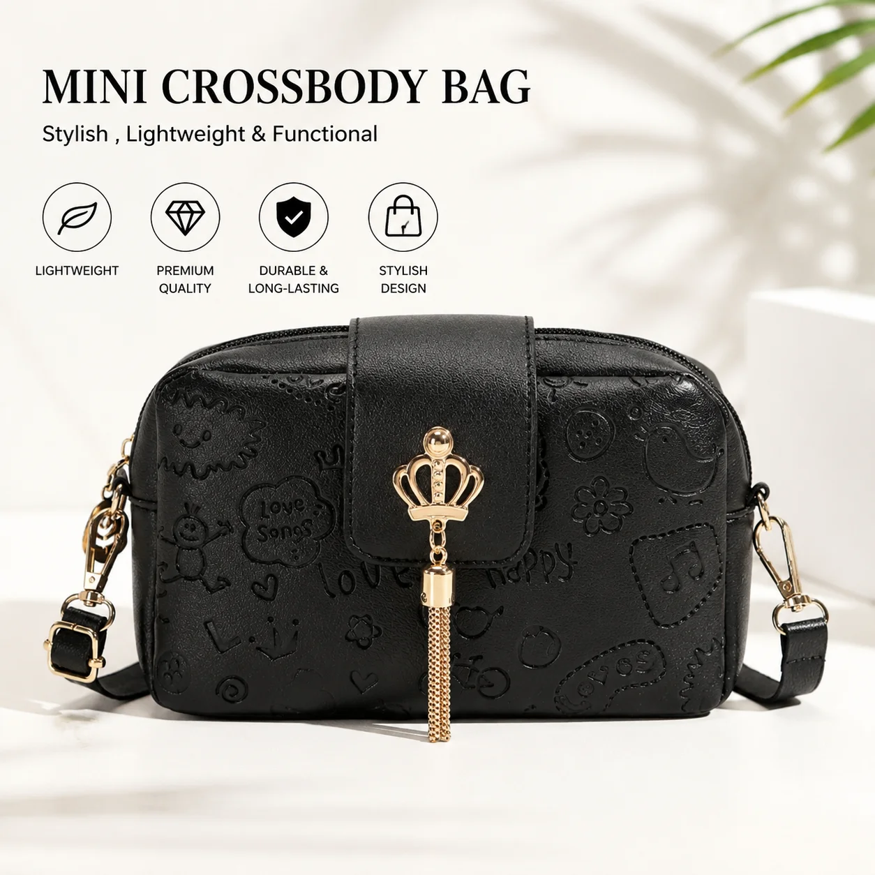 Stylish Black PU Leather Crossbody Bag with Crown Tassel Pendant, Cute Embossed Design, Adjustable Strap, Casual Shoulder Bag fo
Stylish Black PU Leather Crossbody Bag with Crown Tassel Pendant, Cute Embossed Design, Adjustable Strap, Casual Shoulder Bag fo