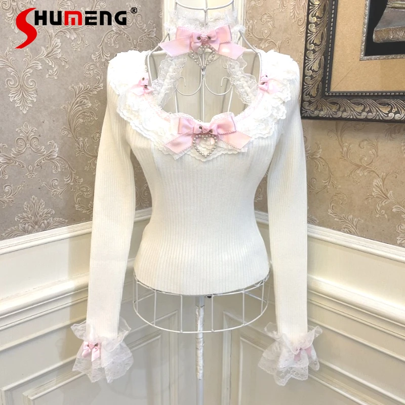Sweet Lolita Pull Femme Cute Love Rose Flower Knitted Top Fairy Princess Bow Lace Edge Bell Sleeve Slim Halter Knitted Shirts
Sweet Lolita Pull Femme Cute Love Rose Flower Knitted Top Fairy Princess Bow Lace Edge Bell Sleeve Slim Halter Knitted Shirts
