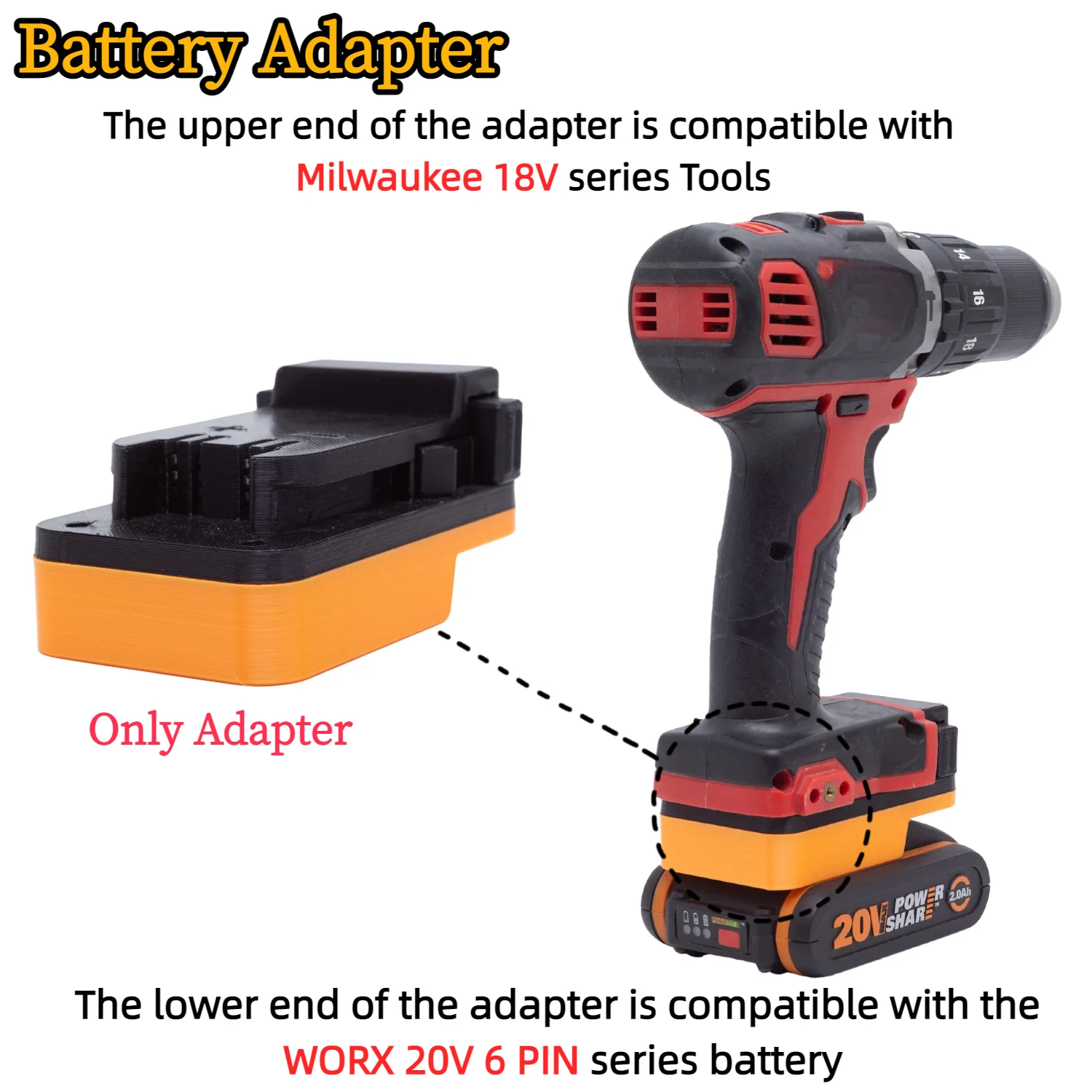 Battery Adapter/Converter for WORX 20V 6 PIN Li-ion Battery TO Milwaukee 18V Cordless Drill Tools Accessory(Only Adapter)
Battery Adapter/Converter for WORX 20V 6 PIN Li-ion Battery TO Milwaukee 18V Cordless Drill Tools Accessory(Only Adapter)