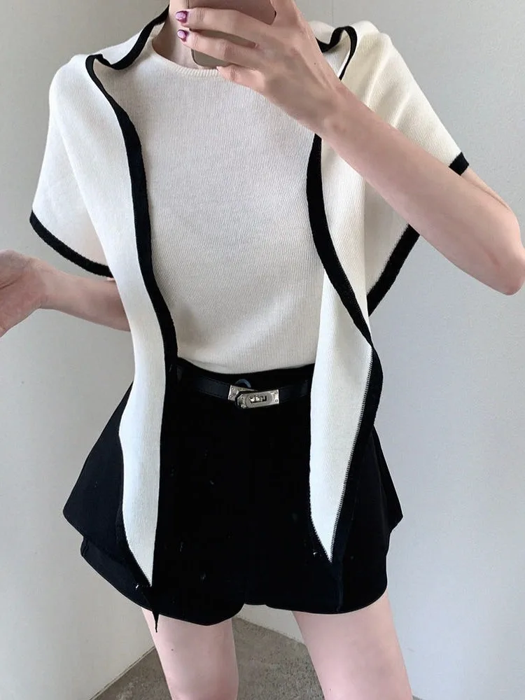 Women's Short Sleeve Thin Knitted Top round Neck Straight Tube Simple Matchable Two-Way Wear Color Block Tube Top Set
Women's Short Sleeve Thin Knitted Top round Neck Straight Tube Simple Matchable Two-Way Wear Color Block Tube Top Set