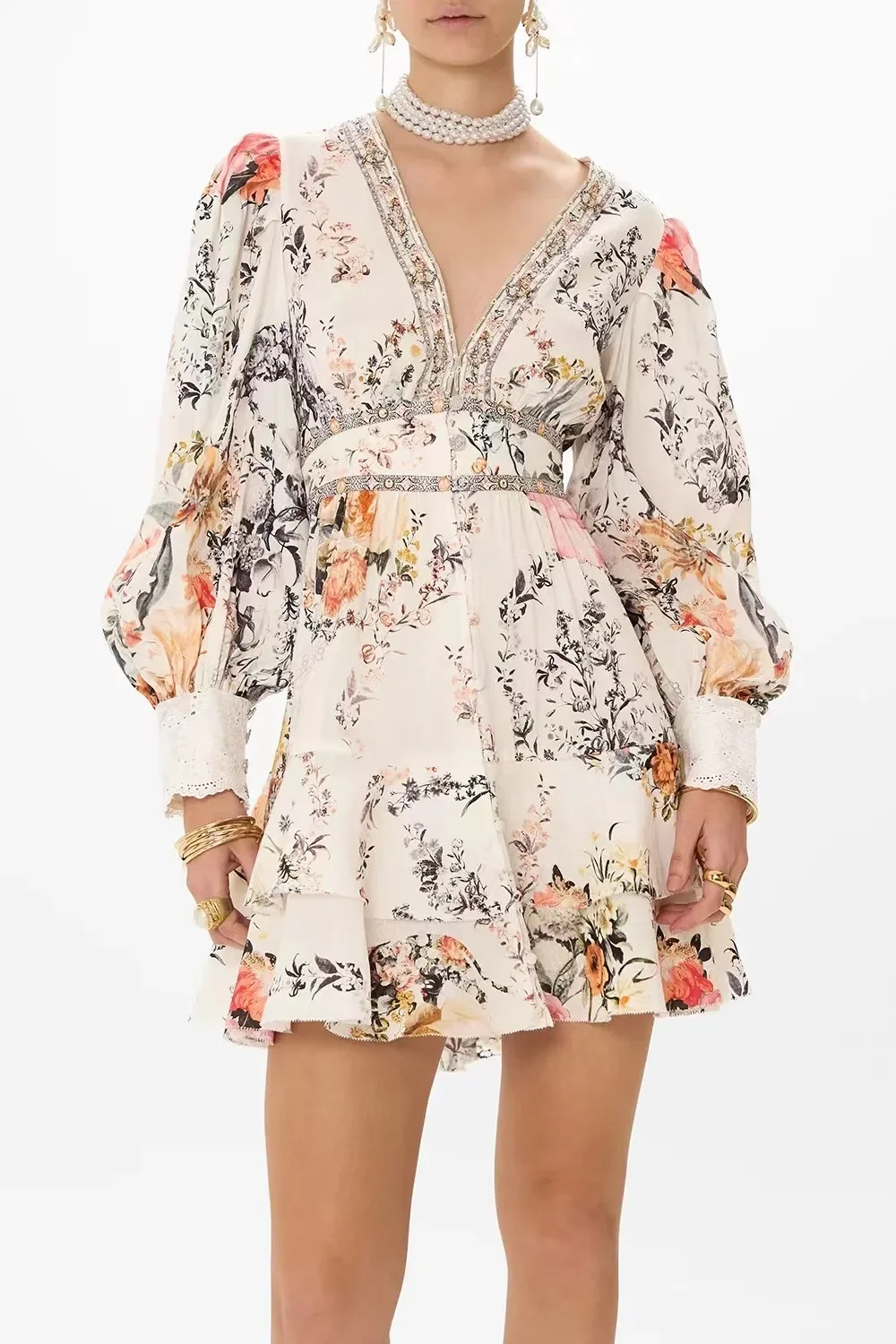 Women Floral Printed Dress Deep V-Neck Lantern Sleeve High Waist Elegant Silk Mini Robe
Women Floral Printed Dress Deep V-Neck Lantern Sleeve High Waist Elegant Silk Mini Robe
