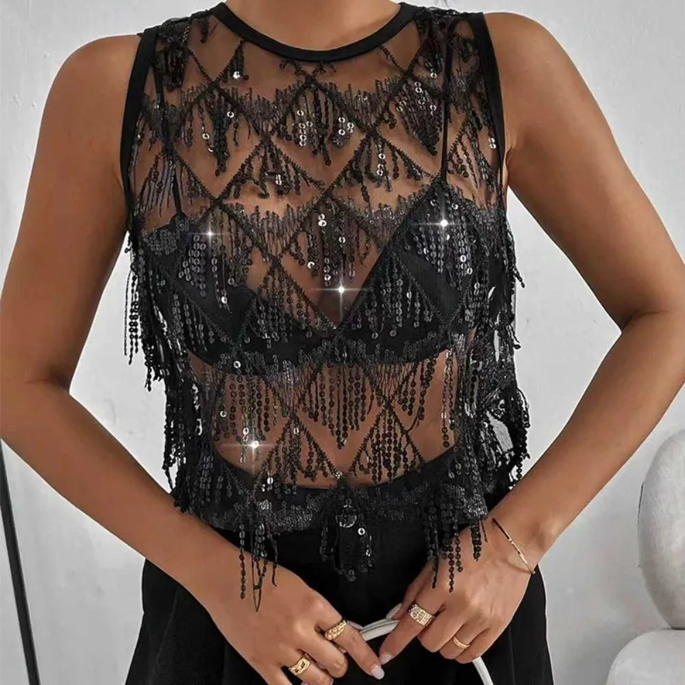 Chic Fringe Sequin Vest Tops Mesh Loose Fit Crop Top Sleeveless Embroidery Sheer Camisole Hot Grils
Chic Fringe Sequin Vest Tops Mesh Loose Fit Crop Top Sleeveless Embroidery Sheer Camisole Hot Grils