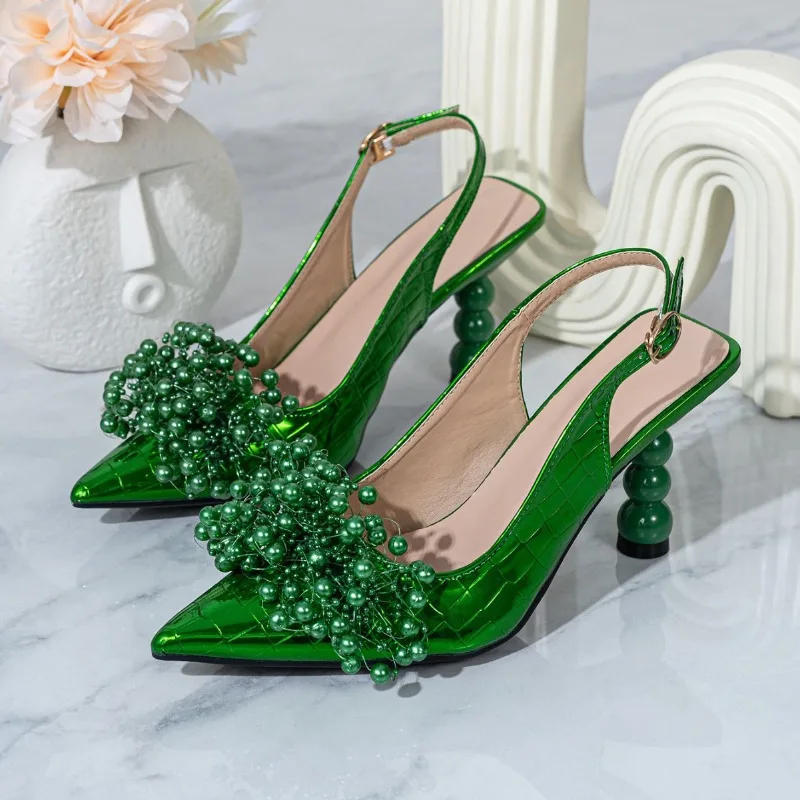 2025 Fashion Pearl Flower Shaped Square Beads Stiletto High Heels with Pointed Points, Rear Air, and Strap Sandals for Women
2025 Fashion Pearl Flower Shaped Square Beads Stiletto High Heels with Pointed Points, Rear Air, and Strap Sandals for Women