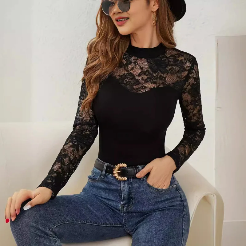2025Autumn Winter New Fashion Lace Patchwork Long Sleeve Small Stand Collar Pullover Base LayerTWomen's T-shirt
2025Autumn Winter New Fashion Lace Patchwork Long Sleeve Small Stand Collar Pullover Base LayerTWomen's T-shirt