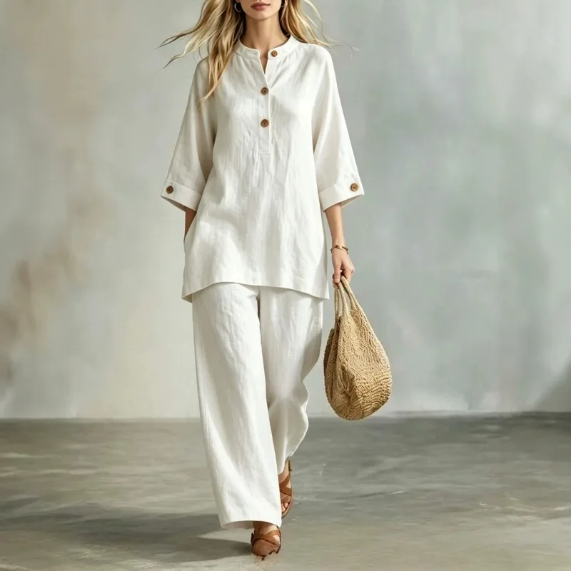 French style Women V Neck Linen 2PCS Outfit Y2k Half Sleeve Button Down Shirt+Wide Leg Pants Casual Loose Matching Set Vintage
French style Women V Neck Linen 2PCS Outfit Y2k Half Sleeve Button Down Shirt+Wide Leg Pants Casual Loose Matching Set Vintage