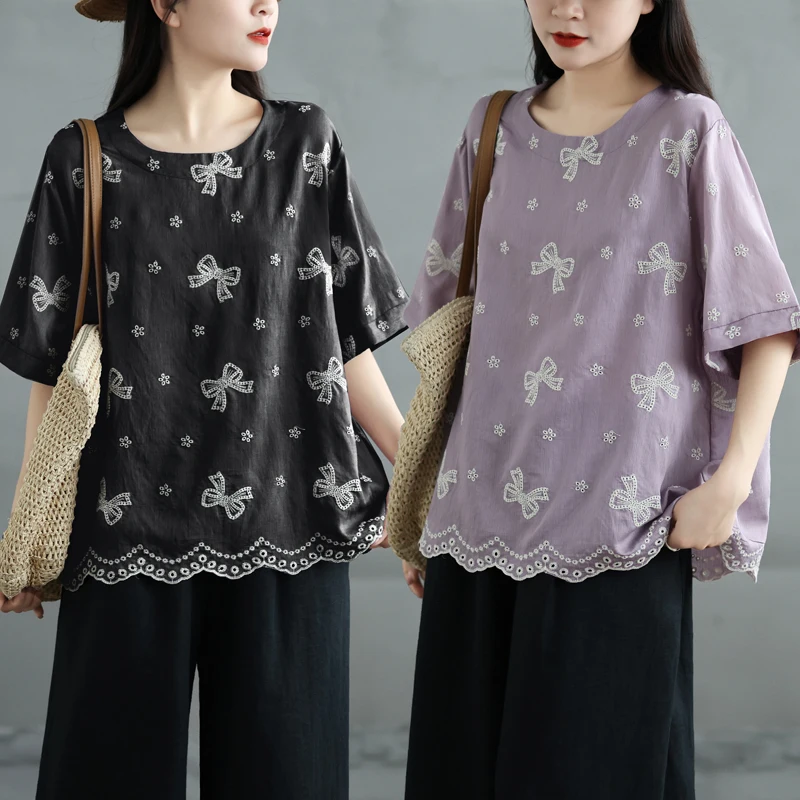 Ретро-футболка с вышивкой узелками из хлопка и льна, женская летняя, высококачественная, с ажурным цветочным узором, свободного кроя, из льна, маломерная.
Ретро-футболка с вышивкой узелками из хлопка и льна, женская летняя, высококачественная, с ажурным цветочным узором, свободного кроя, из льна, маломерная.