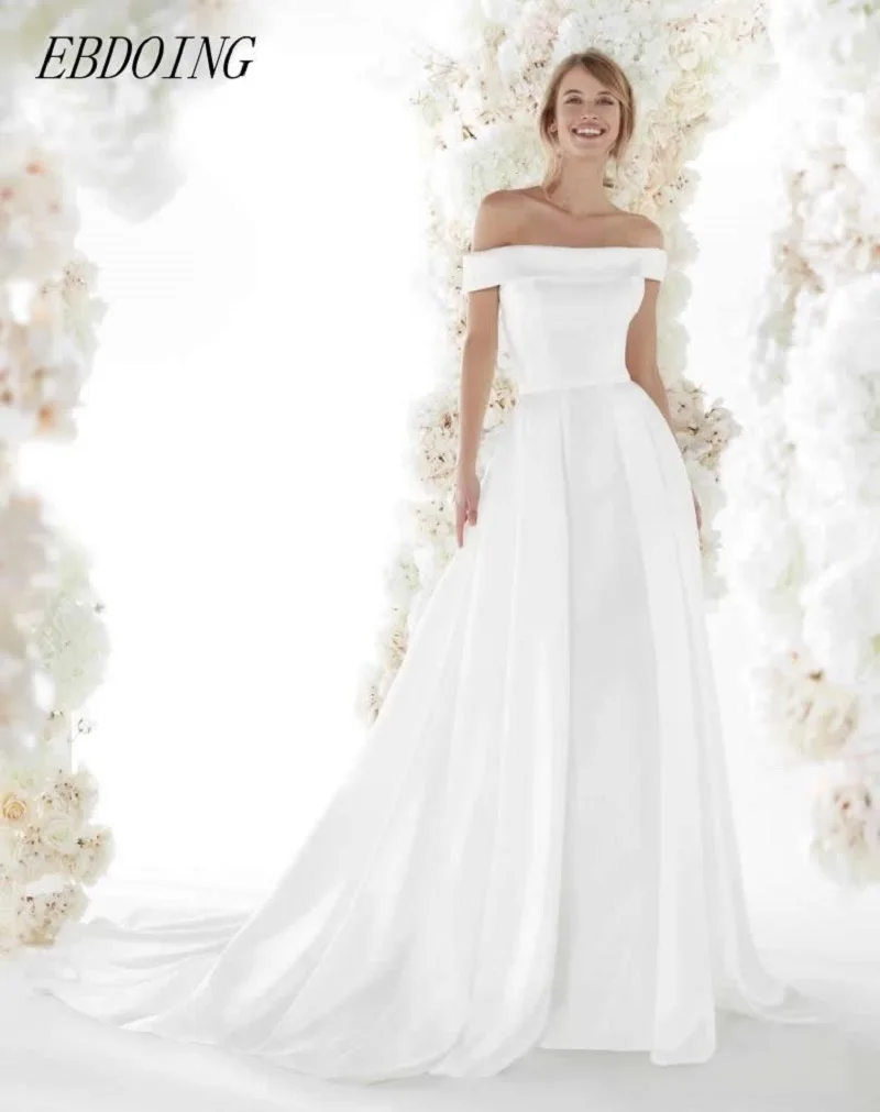 Newest Wedding Dresses A-Line Satin Boat Neck With small Bow Off The Shoulder Customized Vestidos De Novias
Newest Wedding Dresses A-Line Satin Boat Neck With small Bow Off The Shoulder Customized Vestidos De Novias