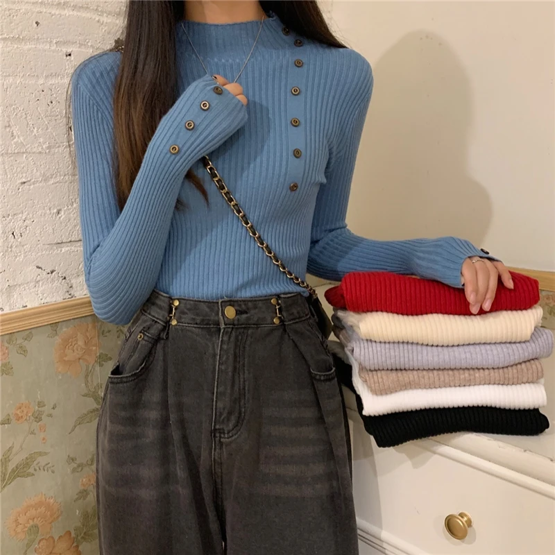 Women's Trendy Knitting Pullover Sweaters Solid Mock Neck Long Sleeveless Buttons Women Slim Knitted Pullover Autumn Winter 2022
Women's Trendy Knitting Pullover Sweaters Solid Mock Neck Long Sleeveless Buttons Women Slim Knitted Pullover Autumn Winter 2022