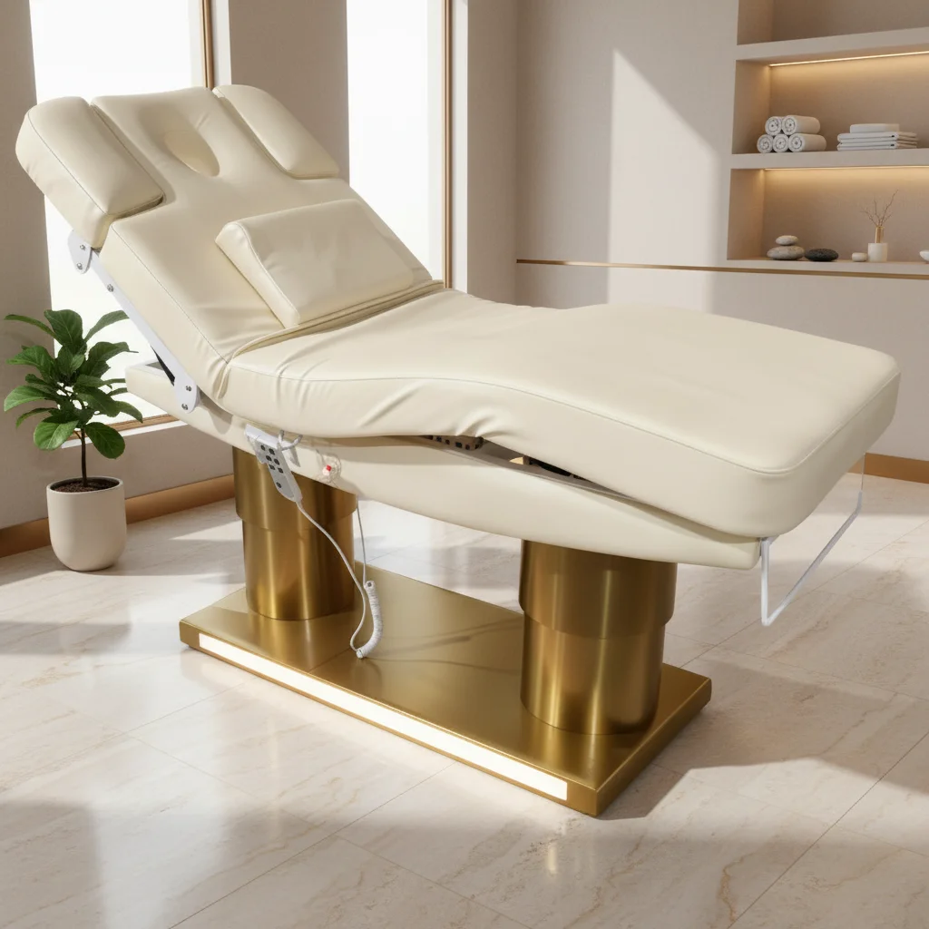 3-Motor Spa Bed With Gold Stainless Steel Base, Adjustable Massage Table, Electric Facial Bed, Customizable Treatment Table
3-Motor Spa Bed With Gold Stainless Steel Base, Adjustable Massage Table, Electric Facial Bed, Customizable Treatment Table