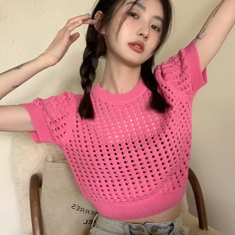 Summer Fashion Hollow Out Solid Thin Knitted Pullovers Women Loose O-neck Casual Sunscreen Short Sleeve Tops
Summer Fashion Hollow Out Solid Thin Knitted Pullovers Women Loose O-neck Casual Sunscreen Short Sleeve Tops