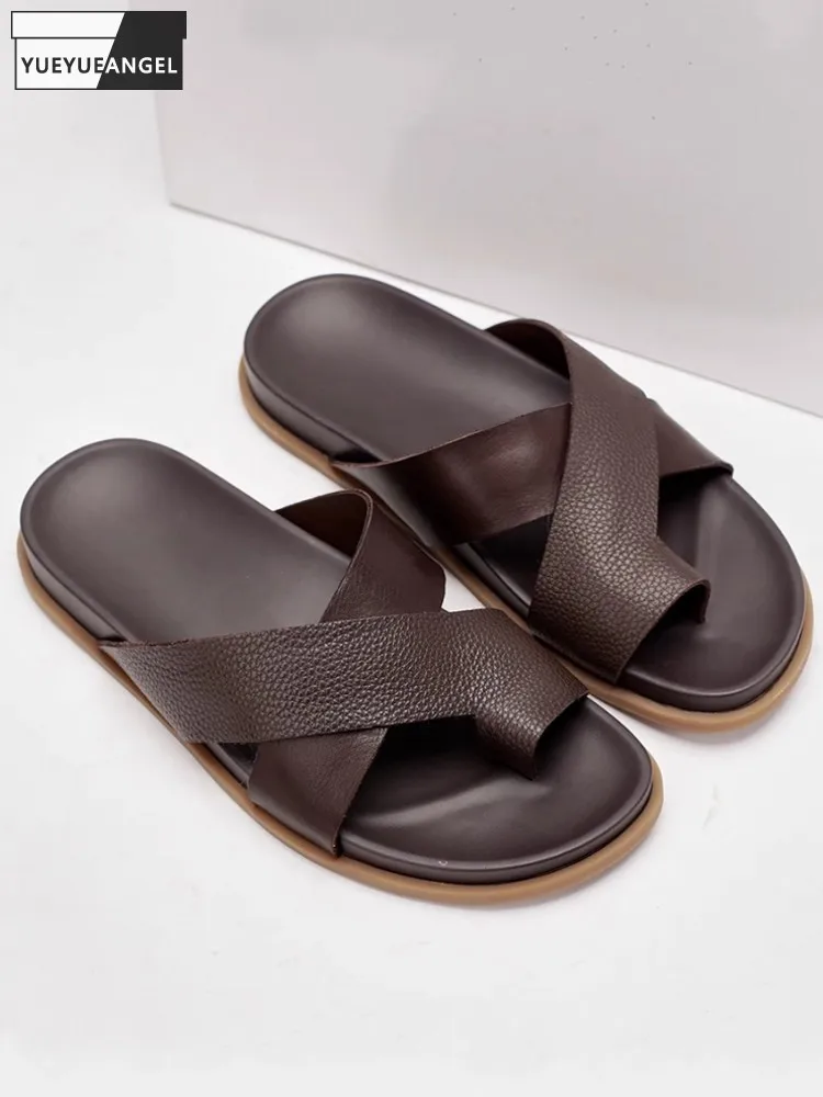 Мужские тапочки из натуральной яловой кожи на открытом воздухе, шлепанцы с перекрестными ремешками, пляжная обувь на плоской подошве, удобные лоферы без шнуровки, тапочки 
Мужские тапочки из натуральной яловой кожи на открытом воздухе, шлепанцы с перекрестными ремешками, пляжная обувь на плоской подошве, удобные лоферы без шнуровки, тапочки