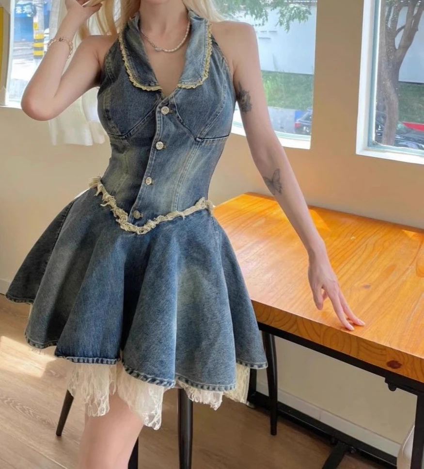 2026 Retro Lace Patchwork Halter Top Dress Sexy Denim Dress A-line Short Skirt
2026 Retro Lace Patchwork Halter Top Dress Sexy Denim Dress A-line Short Skirt