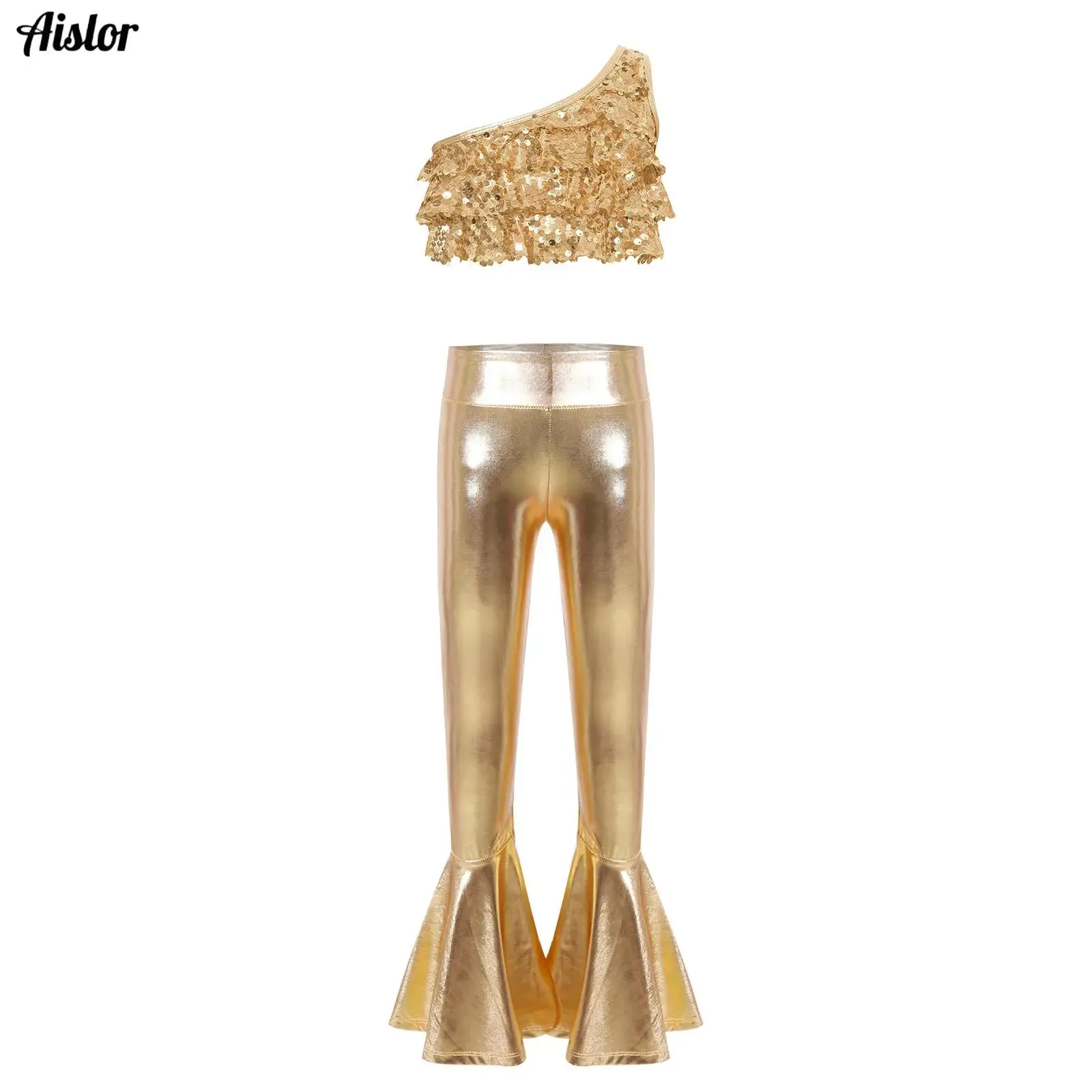 Metallic 70S Disco Costume Vintage Hippie Outfits for Kids Girl One Sleeve Sequins Crop Top and Bell Bottom Pants Jazz Dancewear
Metallic 70S Disco Costume Vintage Hippie Outfits for Kids Girl One Sleeve Sequins Crop Top and Bell Bottom Pants Jazz Dancewear