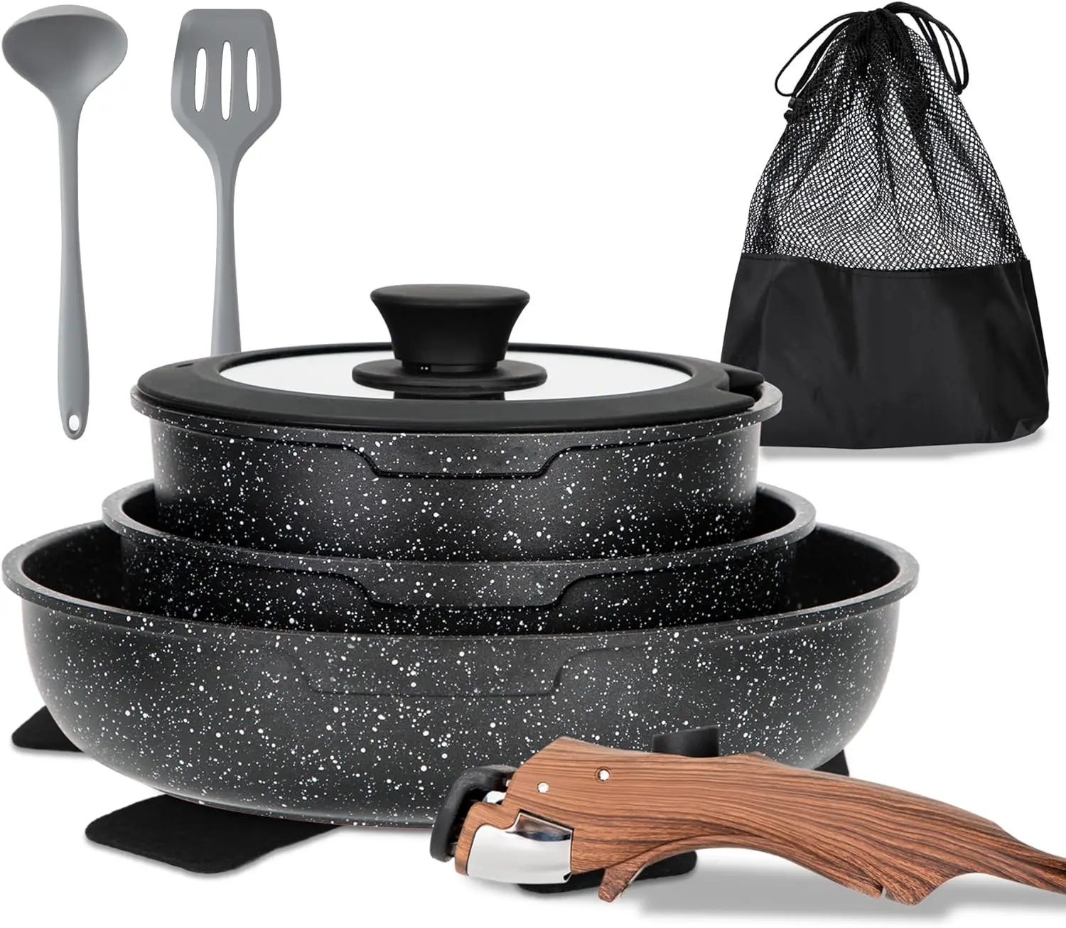 Detachable Handle Induction Pots and Pans Set, 10 Piece Non Stick Kitchen Cookware Sets, Stackable
Detachable Handle Induction Pots and Pans Set, 10 Piece Non Stick Kitchen Cookware Sets, Stackable