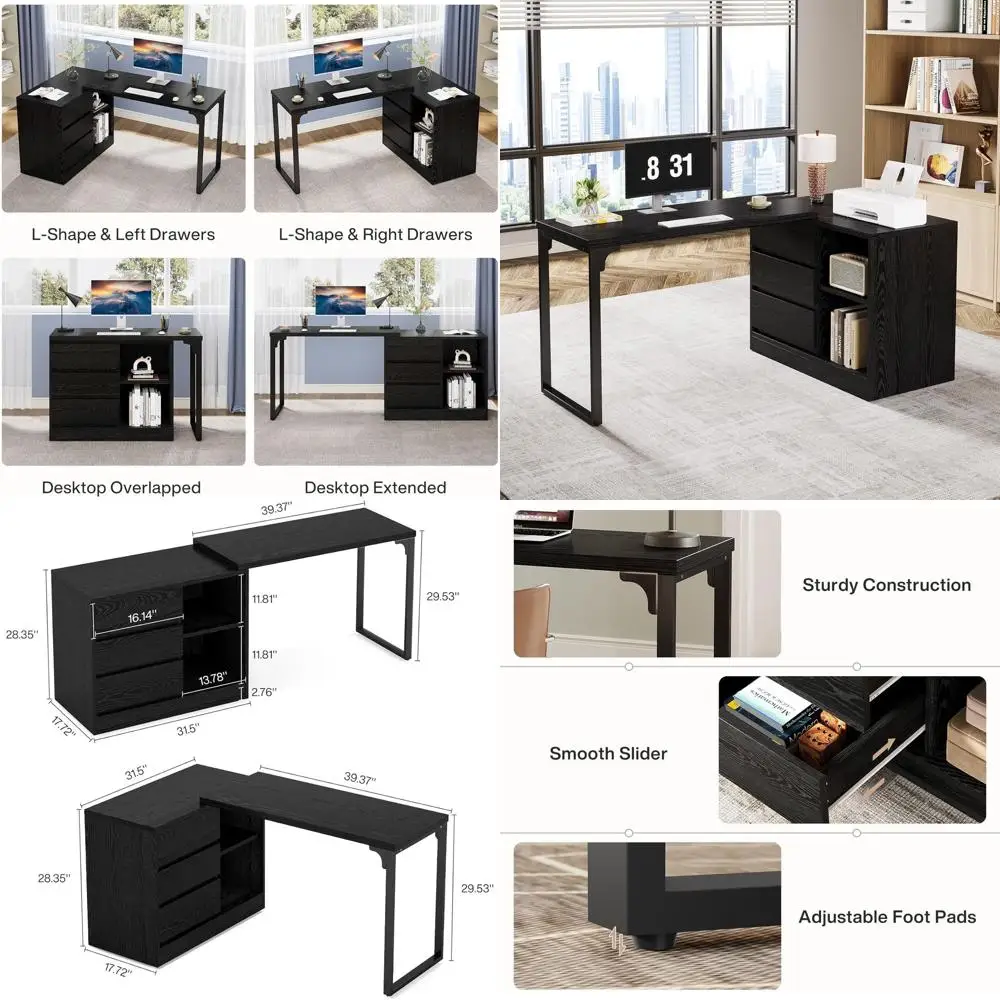 Reversible L-Shaped Desk with Drawers and Shelves, Black Study Writing Table for Home Office and Bedroom
Reversible L-Shaped Desk with Drawers and Shelves, Black Study Writing Table for Home Office and Bedroom