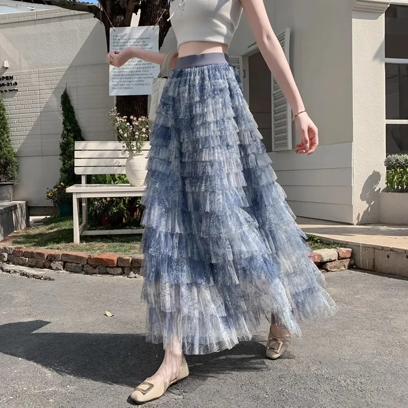 Chic Fashion Long Blue Mesh Cake Skirt Women Simple Office Elastic High Waist Fairy Tiered A-line Big Hem Loose Skirts Summer
Chic Fashion Long Blue Mesh Cake Skirt Women Simple Office Elastic High Waist Fairy Tiered A-line Big Hem Loose Skirts Summer
