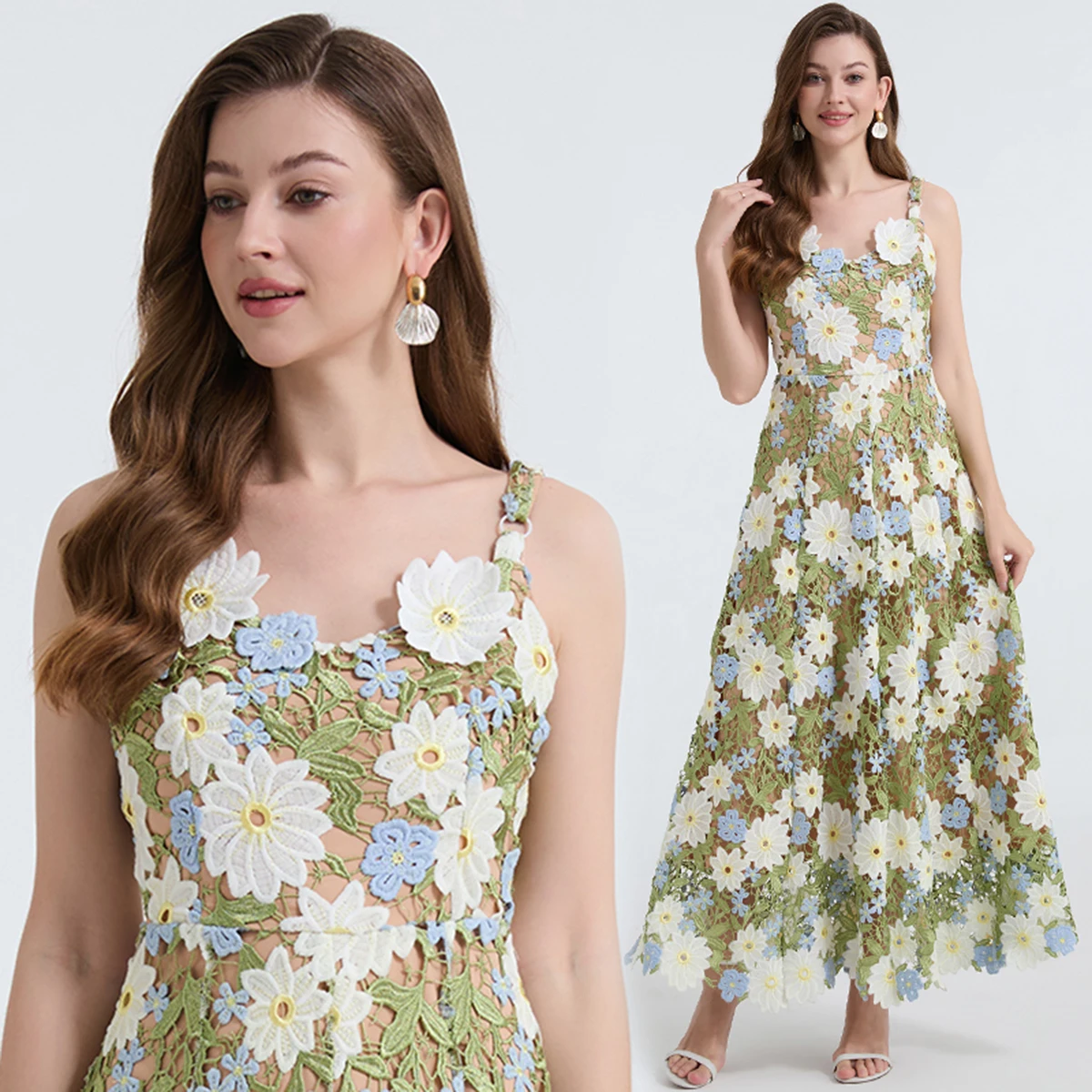 Real shooting of high-quality two tone lace embroidered camisole dress with sexy hollow out large swing A-line skirt in summer
Real shooting of high-quality two tone lace embroidered camisole dress with sexy hollow out large swing A-line skirt in summer