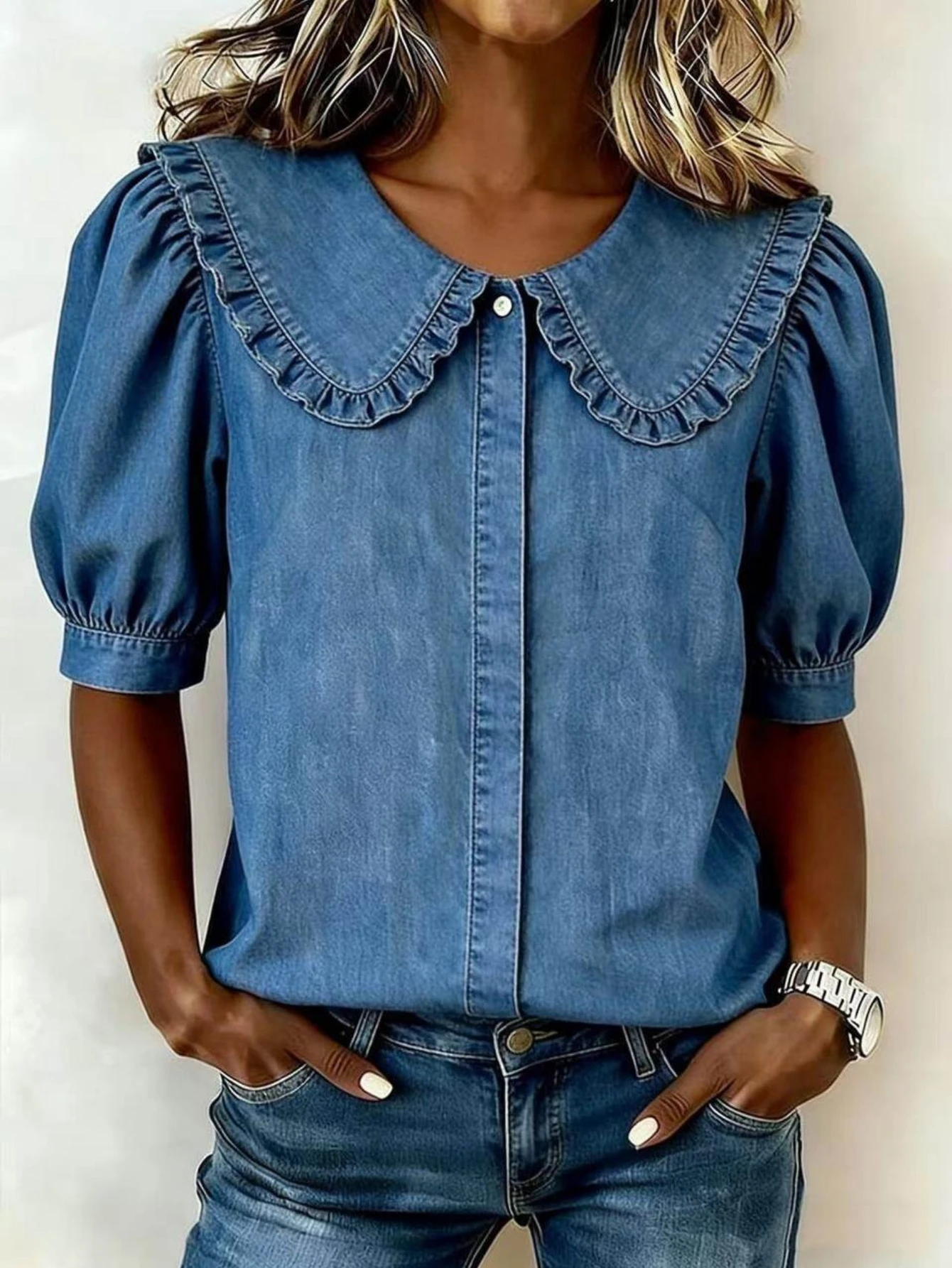 Women Ruffled Big Collar Puff Sleeve Button Down Blouse For Daily Office Shopping And Casual Dating Occasions
Women Ruffled Big Collar Puff Sleeve Button Down Blouse For Daily Office Shopping And Casual Dating Occasions